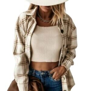 Treasure & Bond Puff Sleeve Flannel Shirt Jacket Sz Medium in Ivory & Green NWT